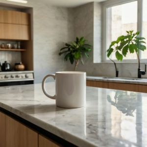 Taza blanca de cerámica con luz natural